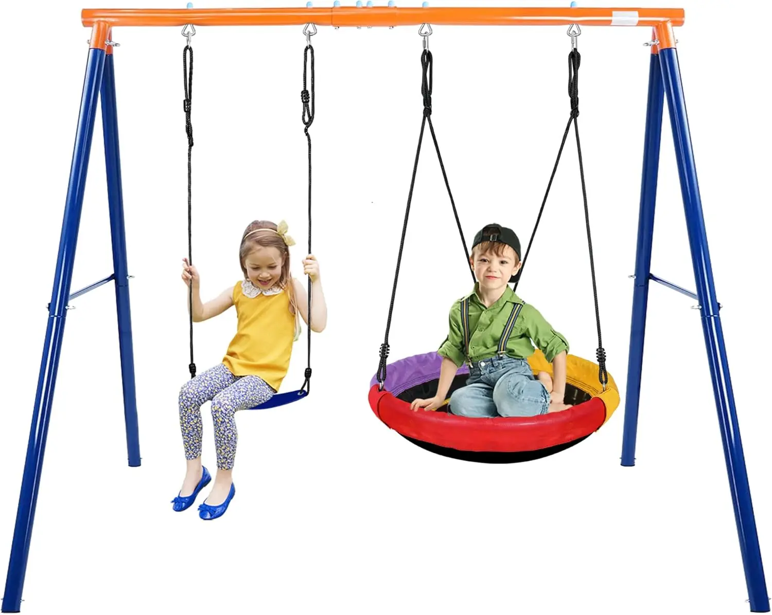 

Набор качелей 2 в 1, 500 фунтов для заднего двора, качели 32 дюйма с тарелками и 19 дюймов с ременными качелями с прочной металлической А-образной рамой, на открытом воздухе