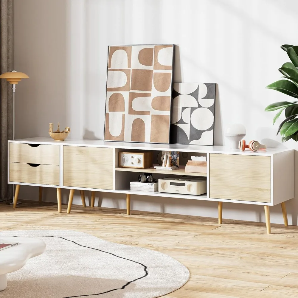 Suporte de TV para TVs de até 90 polegadas, centro de entretenimento para mesa de console de TV de 80 90 95 polegadas com 2 armários de armazenamento