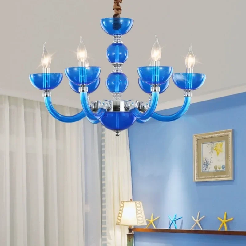 European Mediterranean Blue Ambience Chandelier Hotel KTV Decoration Droplight Creative Apartment Bedroom E14 Glass Pendant