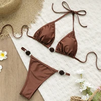 Conjunto de Bikini Sexy para mujer, traje de baño con cuello Halter, traje de baño festoneado, conjunto de Bikini brasileño liso con volantes, traje de baño de verano para mujer 2025