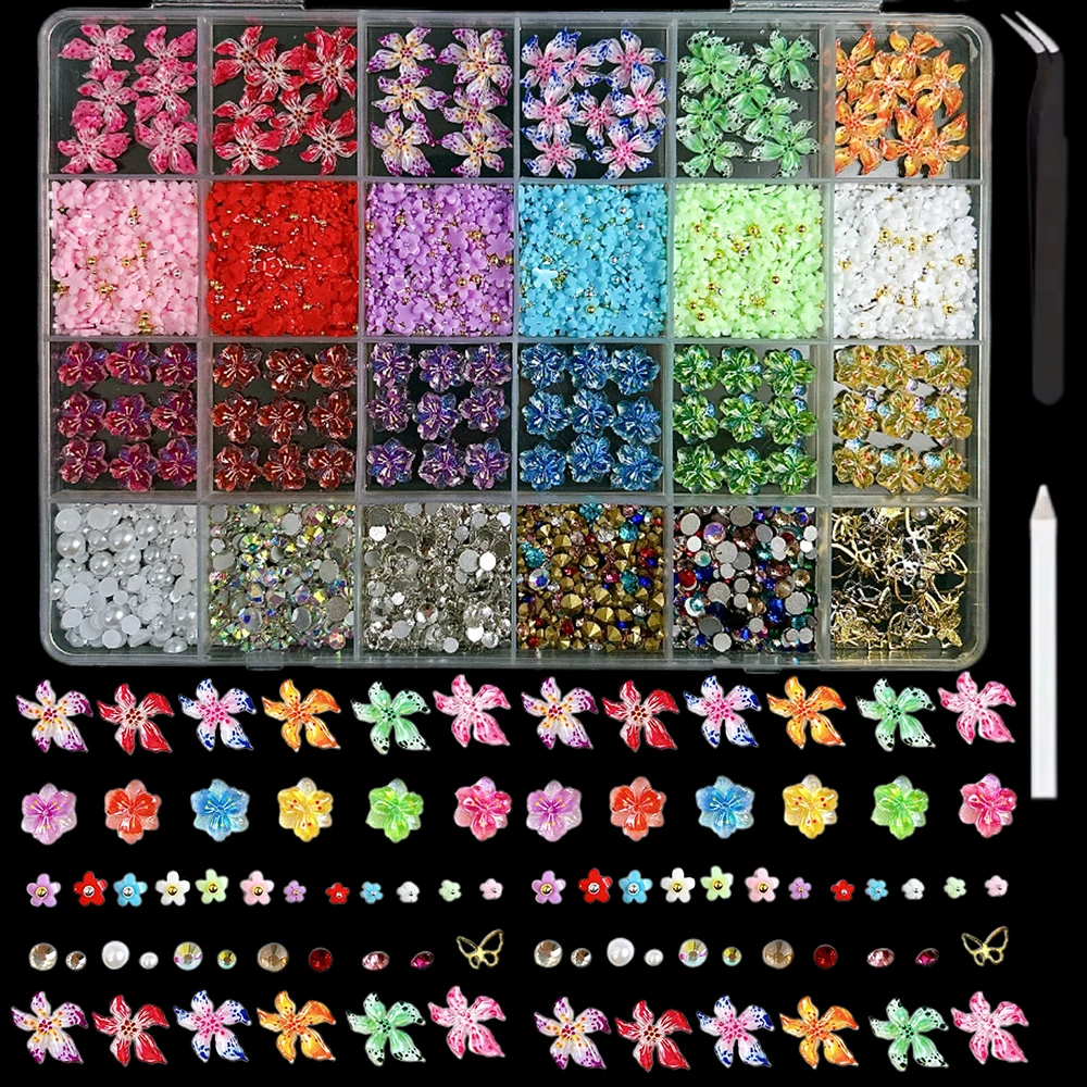 1 caja 3D de múltiples estilos, flores coloridas, decoraciones artísticas de resina para uñas, flores manchadas dulces, Mini diamantes de imitación, dijes para uñas mixtos DIY