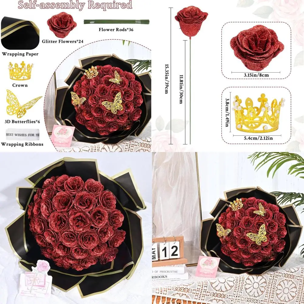 

Glitter Roses Bouquet, DIY Fake Flowers Bouquet, Birthday Gifts for Women Mom, 36 Pcs Red Rose for Grandma Wife Girlfriend Valen