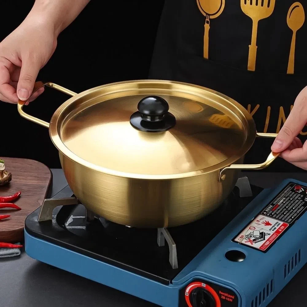 Korean Mini Ramen Pot Stainless Steel with Lid Soup Pot Gold Plated Double Ear Hot Pot Camping Cookware