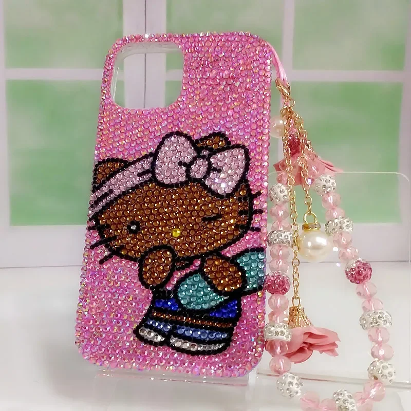 

Чехол для мобильного телефона в стиле аниме «Hello Kitty» со стразами для Iphone 17 16 15 14 Pro Max, универсальный универсальный Sanrio, высококлассный подарок для девочек