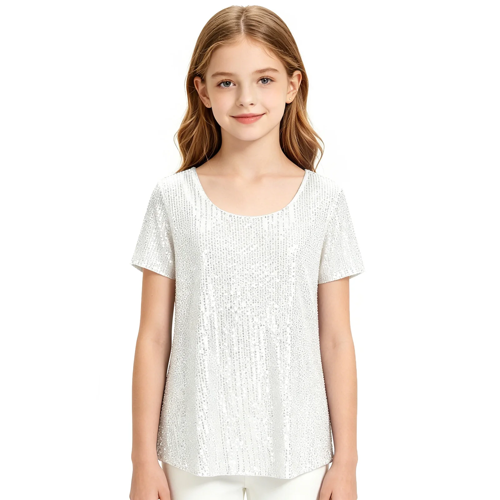 Children's Jazz Dance Performance Costume Kids Short-sleeve T-Shirt Disco Tops Glittery Dancewear Girls Sparkling Sequin Top