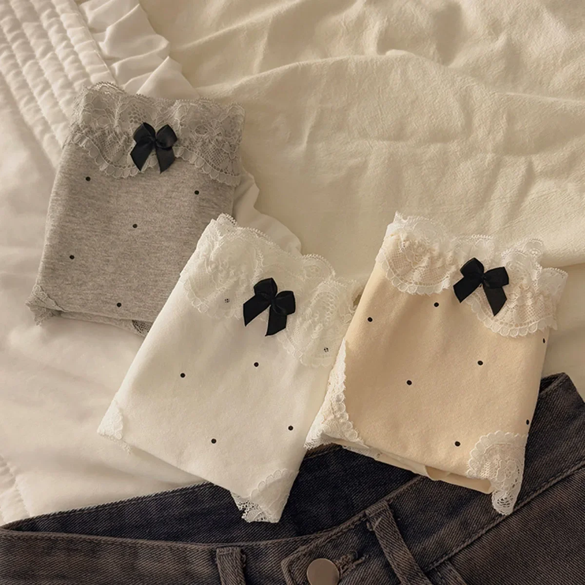 Cute Lolita Love Lace Women's Underwear Thin Ice Silk Wrap Sexy Breathable Cotton Briefs Buttock Section Cool Girl Panties
