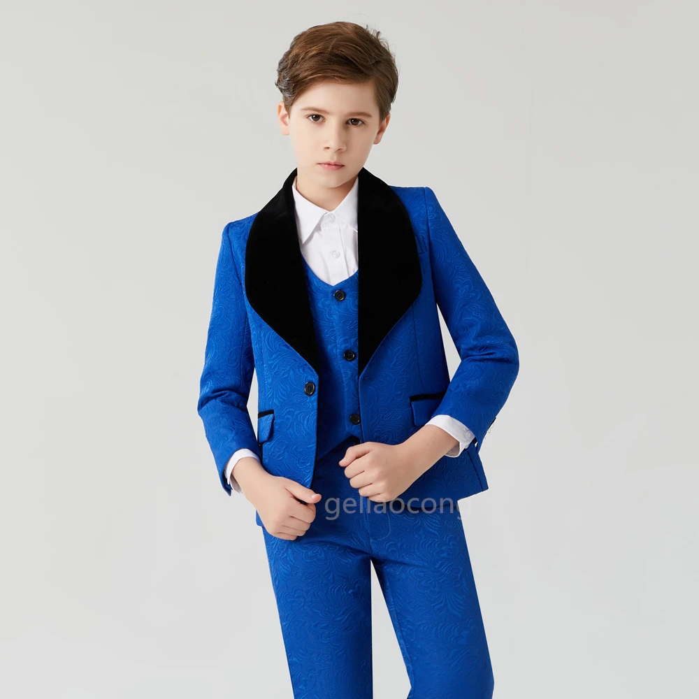 

3 Piece Blue Jacquard Boys Suits for Wedding Elegant Tuxedo Kid's Blazer Vest Pants Set Shawl Lapel One Button Child Prom Suits