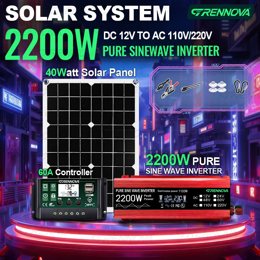 

Off-Grid Photovoltaic System Kit 2200W Pure Sine Wave Inverter 12V To 110V 220V 40W Solar Panel MPPT Controller for Outdoors