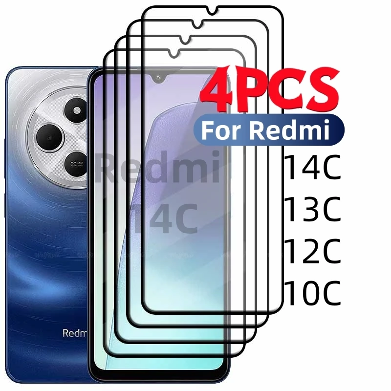 4/3/2/1PCS Xiaomi Tempered Glass Full Cover Glue HD 9H For Screen Protector Redmi 14C 13C 12C 10C