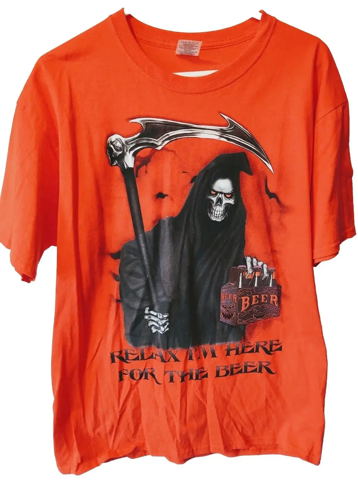 Funny Halloween Mens L Grim Reaper Relax I'm Here for The Beer T-shirt Orange