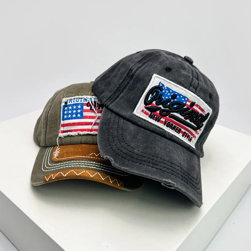 Letter Embroidery Baseball Hats American Vintage Flag Breathable New Unisex Sunshade Versatile Peaked Caps Fashion Distress ins