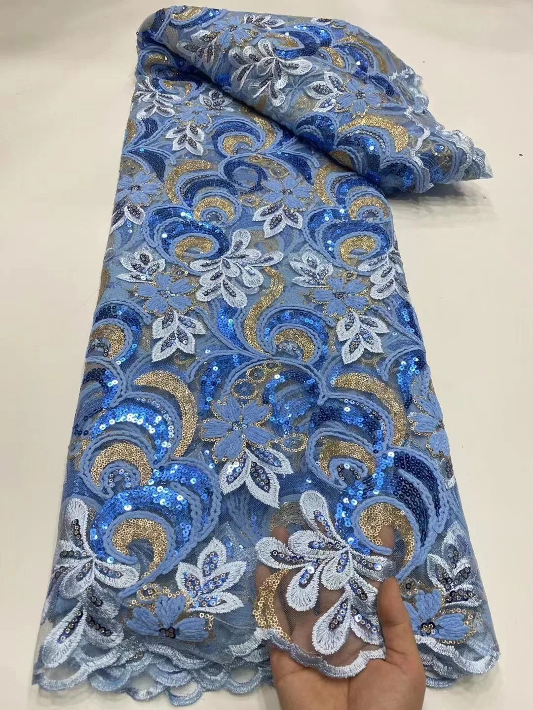 

High Quality Nigerian Tulle Mesh Lace Fabric For Wedding Sewing African Lace Fabric Tulle Lace Fabric With Sequins Embroidery