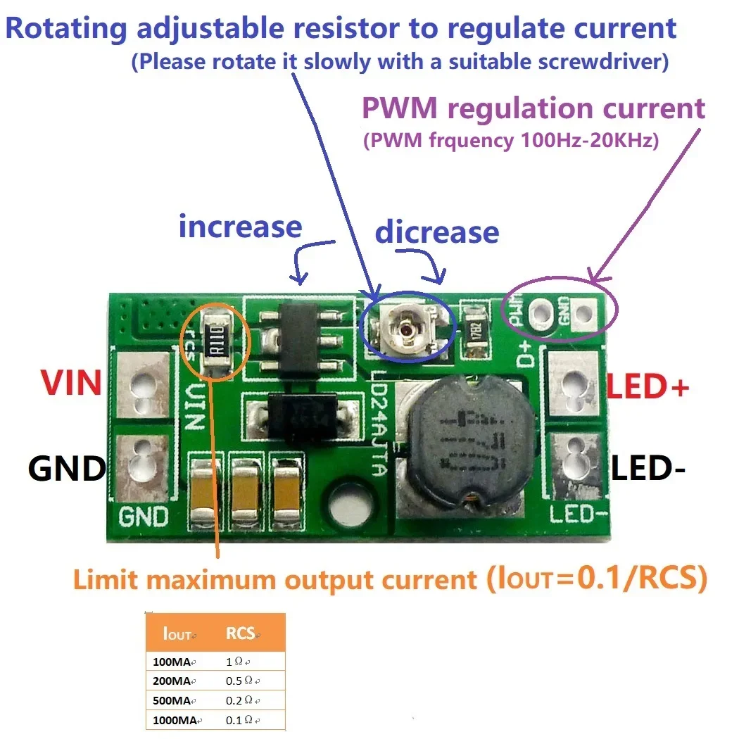 3 Pcs LD24AJTA Adjustable LED Driver PWM Controller DC-DC Step-down Constant Current Converter DC 9V 12V 18V 24V 20W 30-900mA