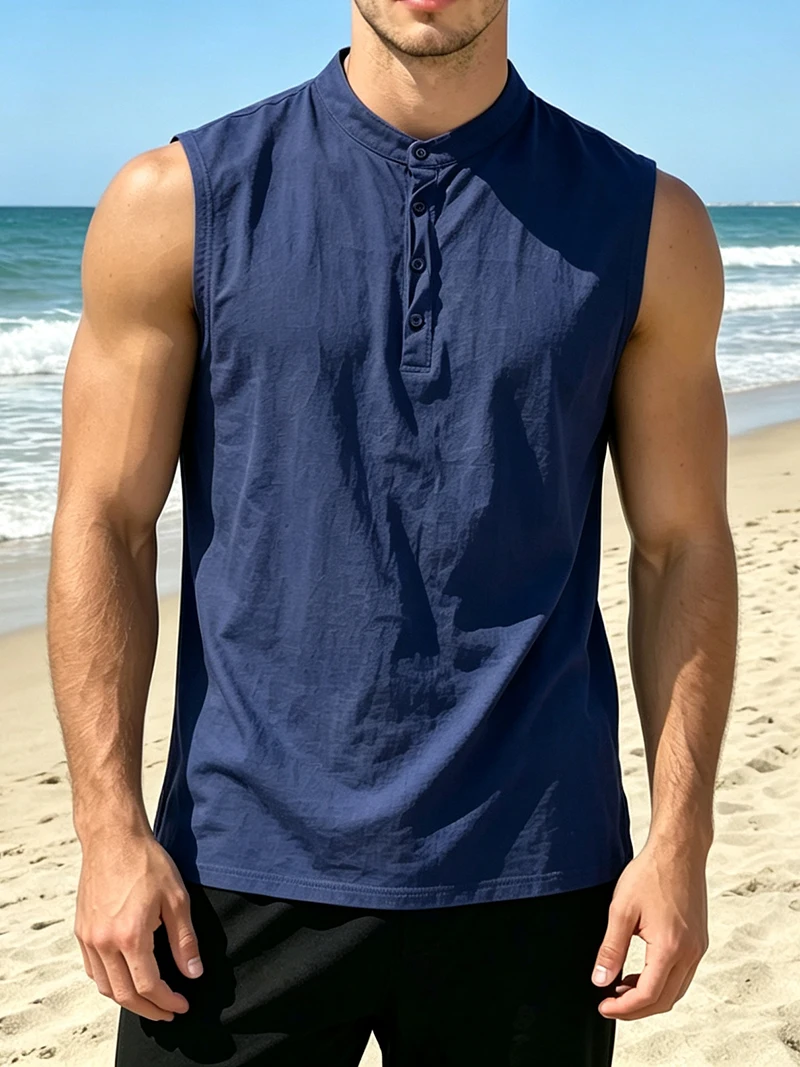 2026 Neue Herren Leinen-Henley-Tanktops mit Stehkragen, Ärmellos, Locker Sitzend, für Strand, Resort, Reisen, Alltag, Outdoor, Urlaub, Freizeit-Weste – Detail 5