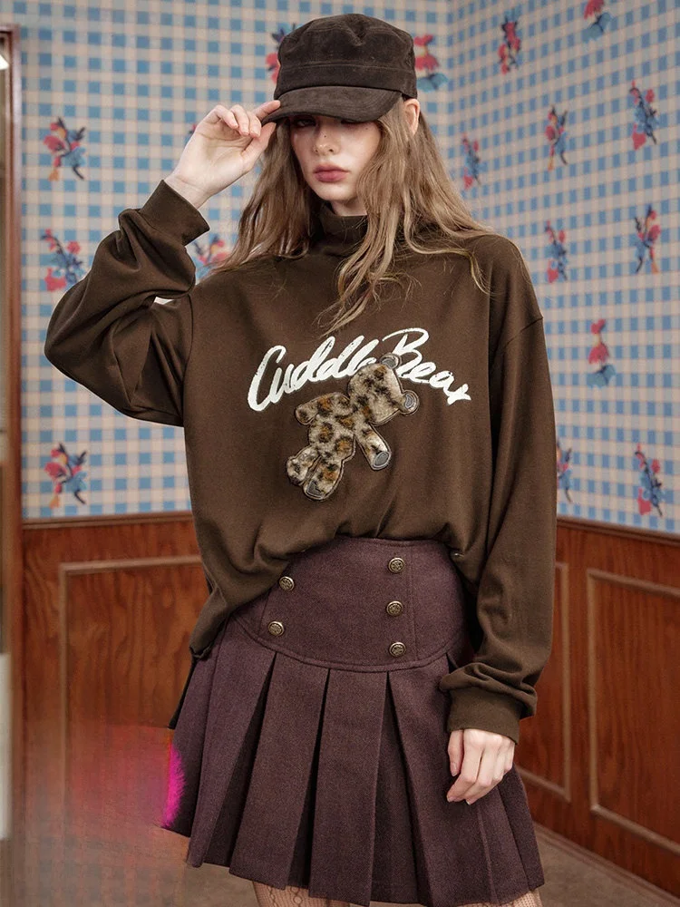 

Женская зимняя базовая футболка с высоким воротником, свободного кроя, с принтом медведя и леопарда, повседневная