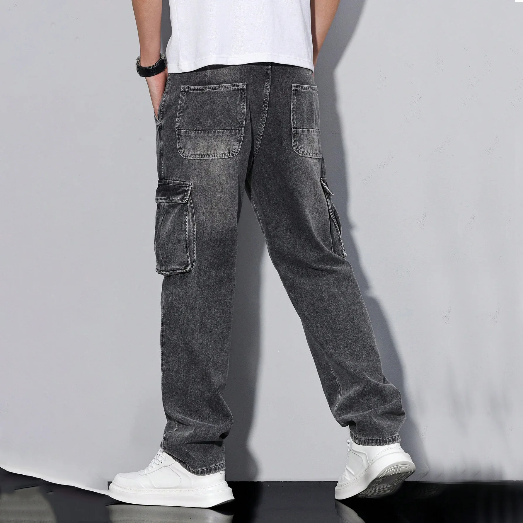 Men's New Light Blue Big Pockets Elastic Cuffed Denim Pants Retro Baggy Jeans For Men