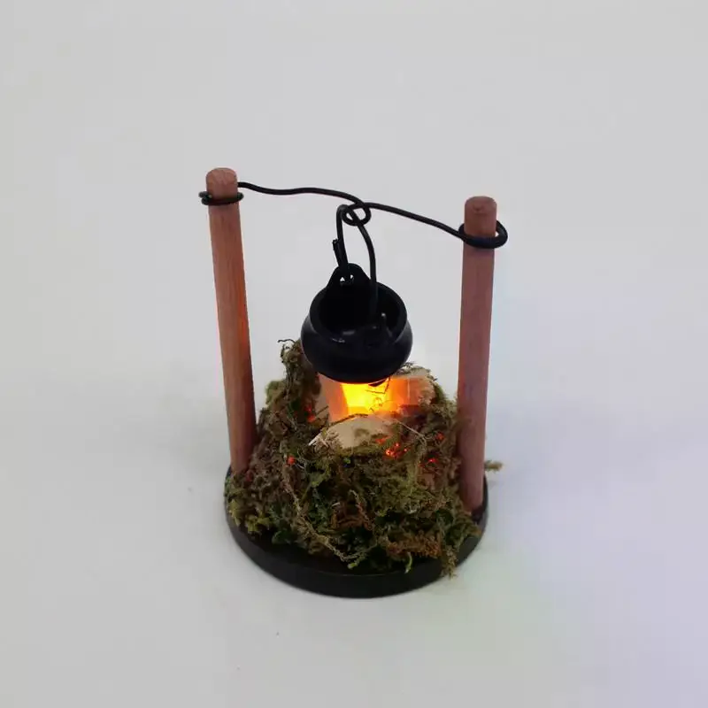 DIY Puppenhaus Spielzeug Miniatur Outdoor Garten Szene Lightable Hängen Herd Feuer Haufen Modell Küche Brennholz Haufen Kinder Pretend Spielzeug
