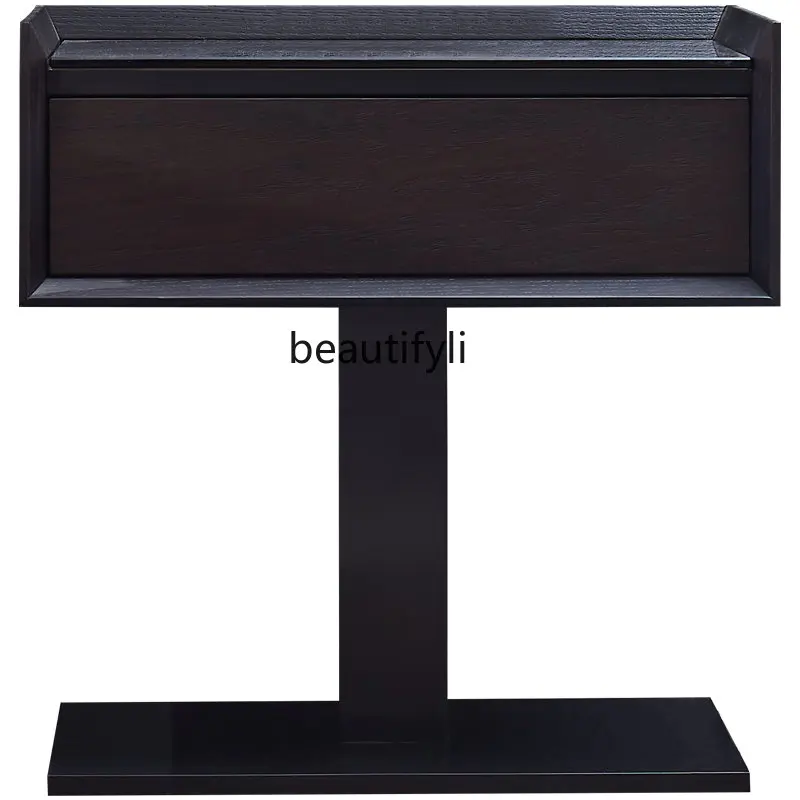 zqItalian Minimalist Black Solid Wood Bedside Cabinet Glass Surface Red Oak Bedside Cabinet Modern Bedroom Storage Cabinet