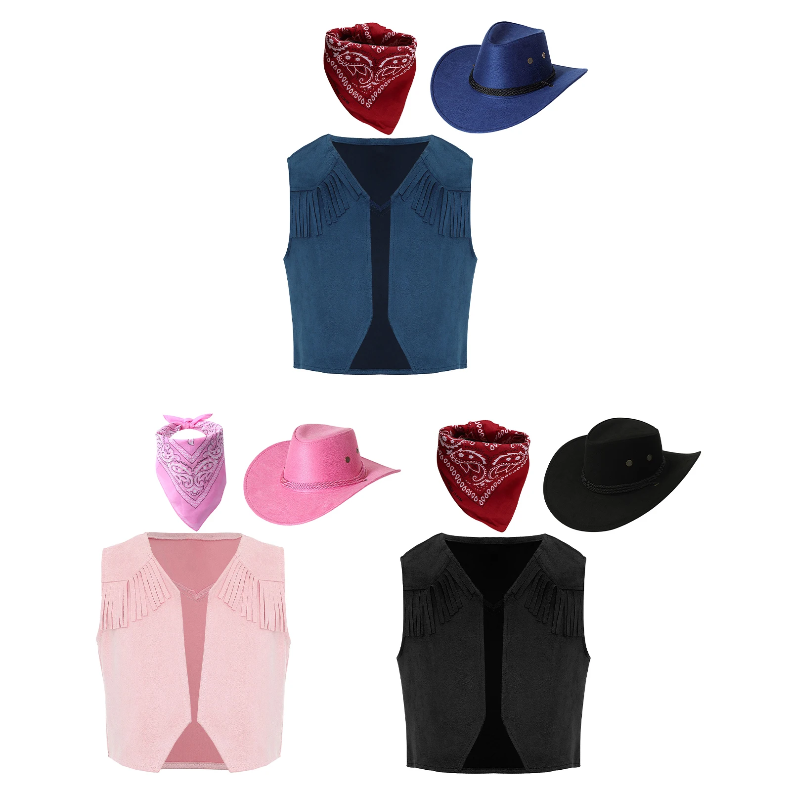 Fato de vaqueiro ocidental para crianças, Bainha apontada, Colete borla, Chapéu de feltro bandana, Cowgirl do oeste selvagem Cosplay, Party Dress Up