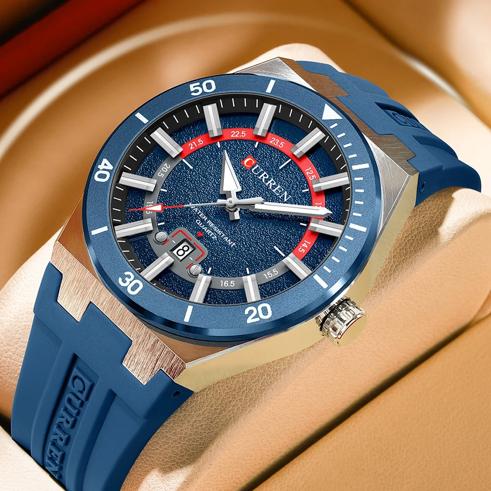 CURREN Men's Quartz Watch Fashion Date Display Luminous 3ATM Waterproof Silicone Strap Sports Wristwatch for Men