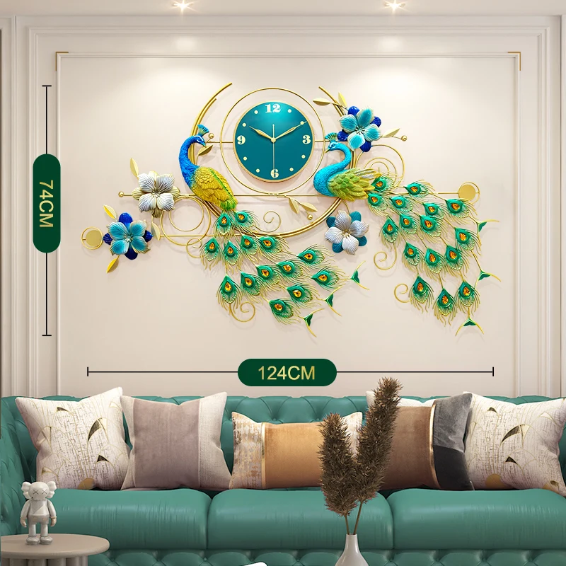 uxury Peacock and Phoenix Wall Clock for Living Room Home Metal Wall Clock Vintage European Elegant Silent Wall Decor