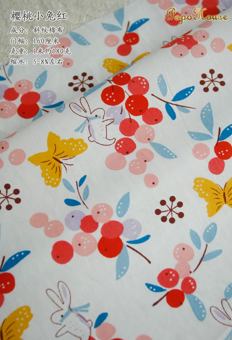 160x50cm, Summer Lovely Rabbit Twill Cotton Sewing Fabric, Children's Clothing, Dress Apparel Fabric, Handmade DIY Sewing Cloth