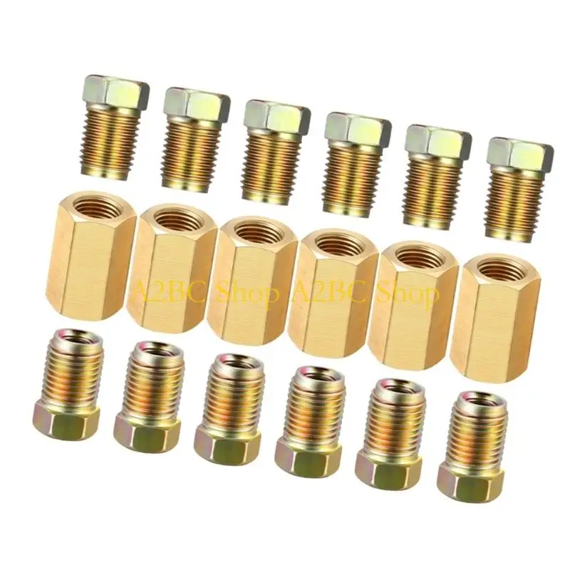A2BC 18Pcs 1/4 Brass Brake Line Fittings 3/8 7/16inch 24 Thread Adapters For Truck Brake System Pipeline Parts