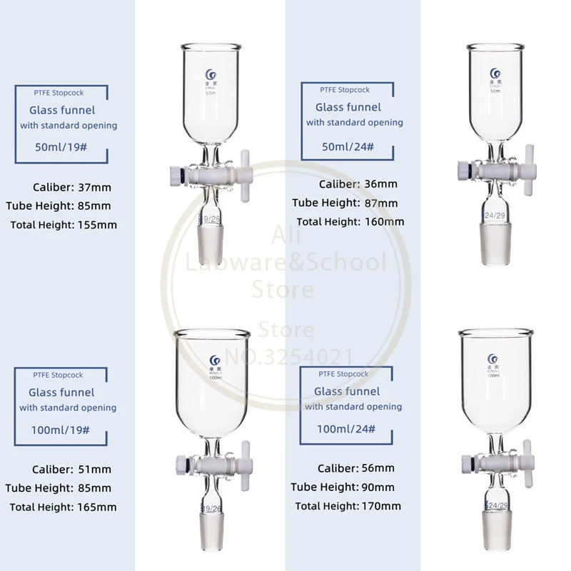 1Pcs Clear 50ml to 1000ml Glass Cylindrical Feed Funnel with PTFE Piston 19#24# frosted Standard joint for lab teaching tools