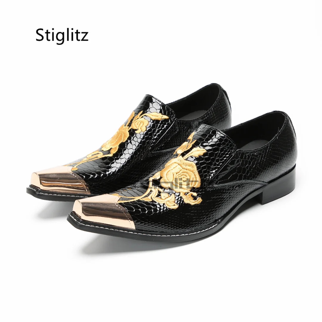Men's Gold Rose Embroidery Leather Shoes Trendy Genuine Leather Dress Low Heel Metal Pointed Toe Casual Business Banquet Shoes