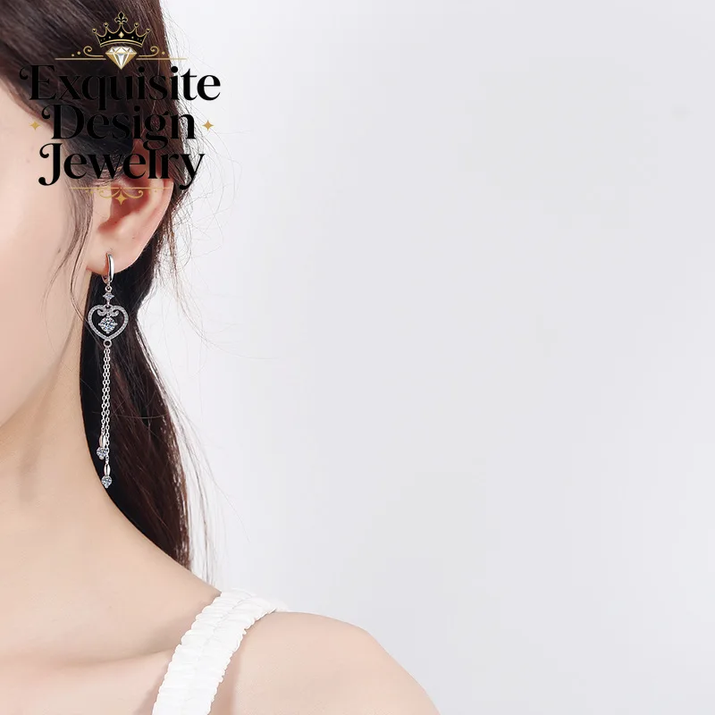 Exquisite Platinum PT950 Delicate Chic Design 1-carat Moissanite Earrings Women, Trendy Heart Tassel Diamond-studded Earrings