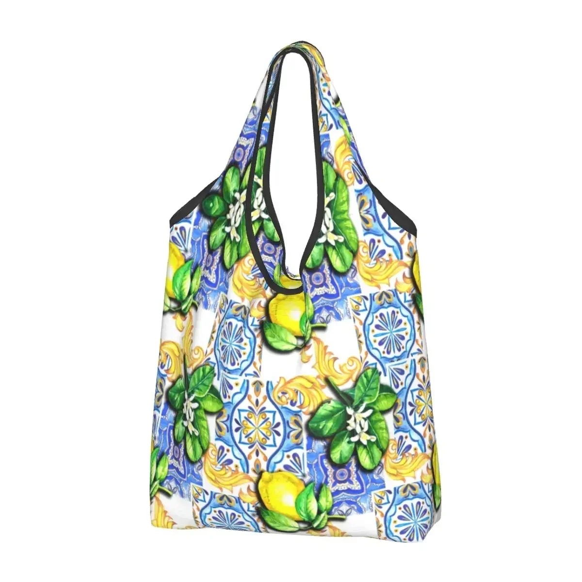 Recycling Mediterranean Tiles Summer Fruit Lemons Shopping Bag Women Tote  Portable Groceries Shopper s