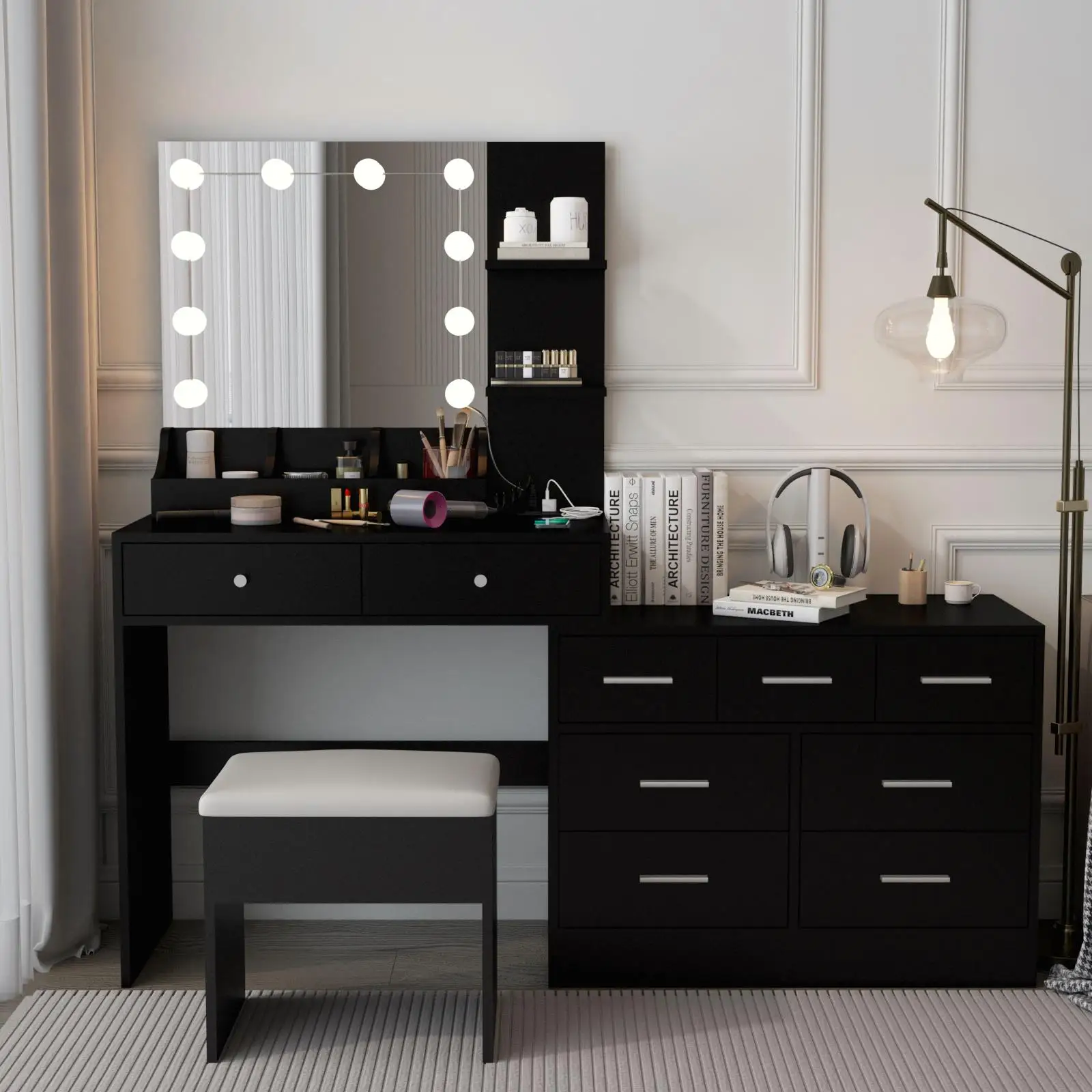 

Modern Black Makeup Vanity with 10 Lights, Charging Station, Mirror, Drawers & Storage Compartments