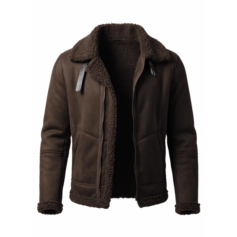 Herren-Winterjacke aus Kunstwildleder mit Fellkragen | Winddichter Streetwear-Mantel mit Gürtel und Reißverschluss | Dicke, warme Wanderkleidung für den Außenbereich, weich, für Herren – Detail 14