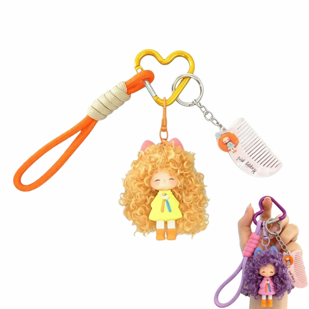 Dopamine Curly Hair Doll Keychain With Mini Comb With Lanyard Strap Cartoon Girl Key Chain Bag Charm Pendant