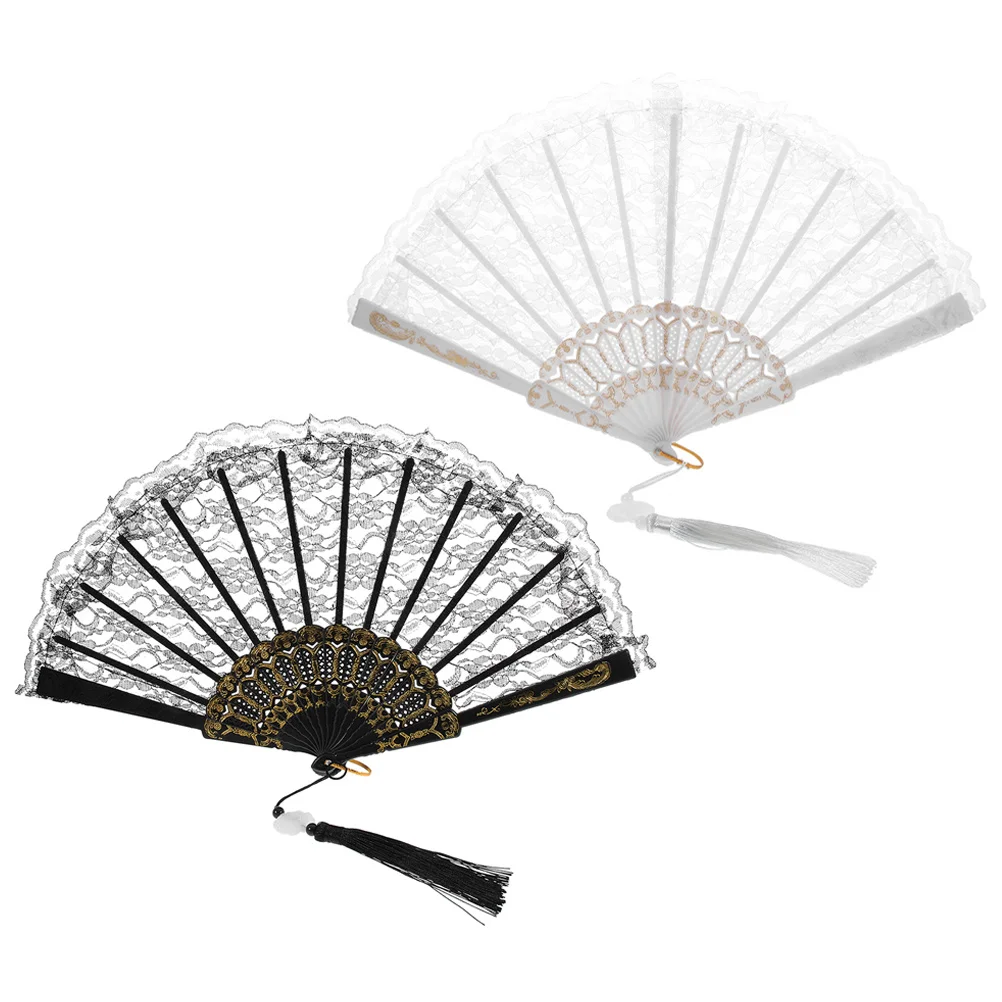 

2Pcs Lace Folding Fan Vintage Hand Fan Portable Lightweight Elegant Tassel for Wedding Party Dancing Decoration