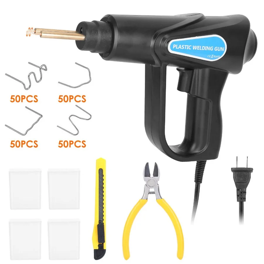 70W Plastic Welder Car Bumper Repair Kit Hot Stapler Welding Gun Plastic Repair Machine Soldering Tool with 200 Staples Pliers