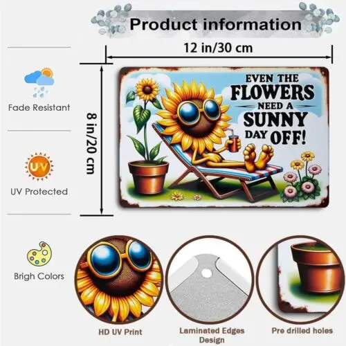 Vibrant Sunflower Illustration with Relaxation Retro Metal Tin Sign 12x8