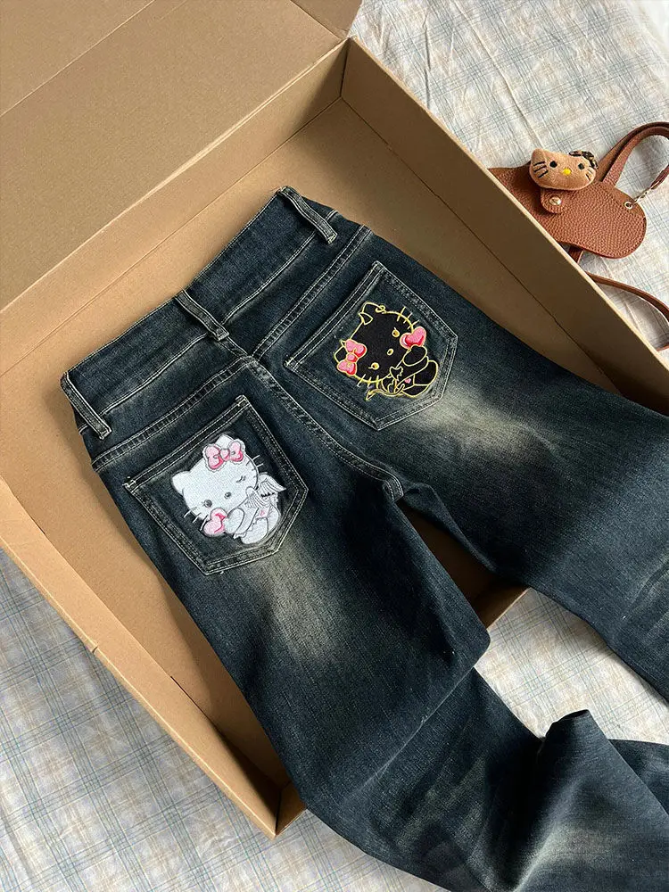 

Женские джинсы с вышивкой «Ангелы и демоны» в американском стиле «Hello Kitty», новая осенняя уличная одежда, модные расклешенные длинные джинсовые брюки для девочек