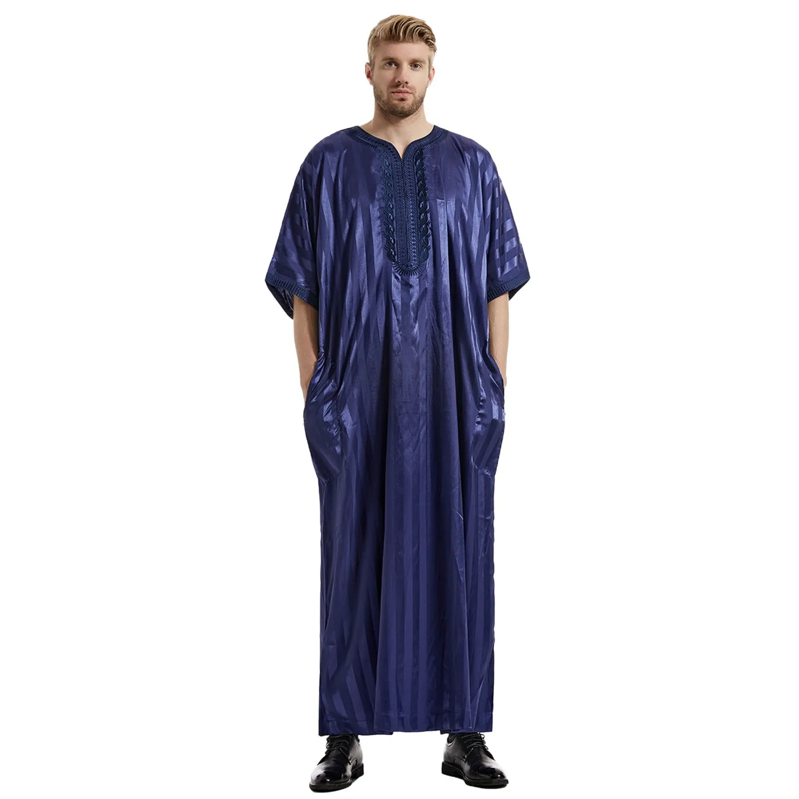 

Men's Casual Muslim Arab Middle Striped Mid Sleeve Embroidered Robe Men's Blouse With Pockets Fashion Stripe Men's Muslim Robe