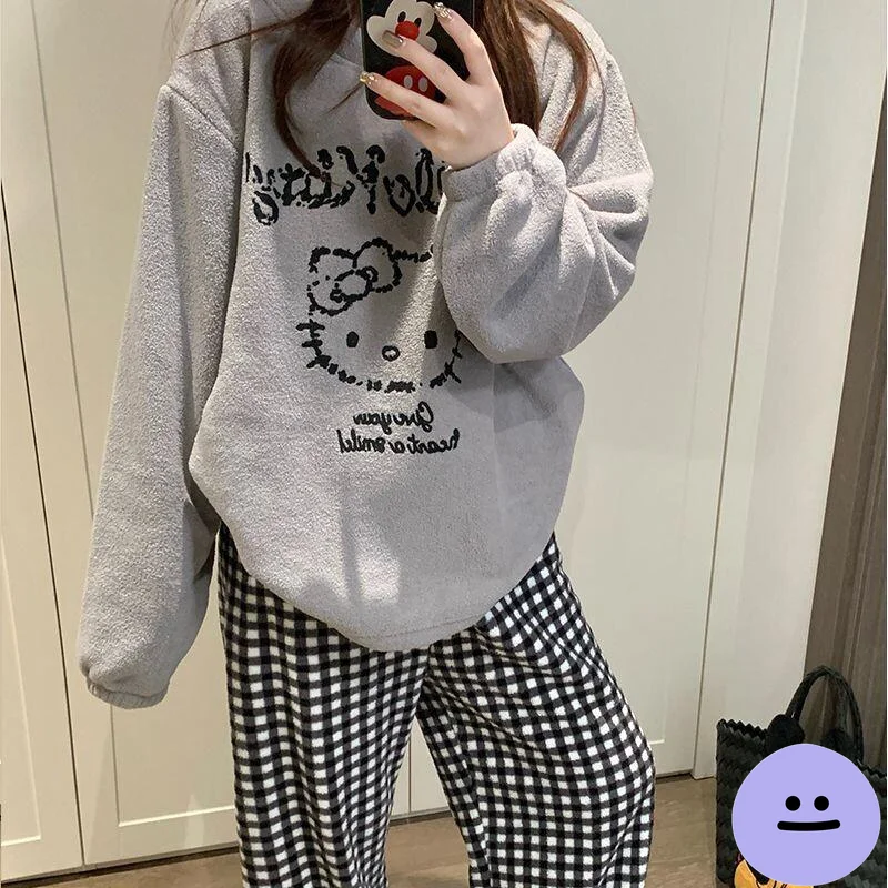 

Комплект пижам Sanrio Hello Kitty из кораллового флиса, с мультяшным принтом, милый, на флисовой подкладке, утолщенный, новый, зимний, женский, уютный, теплый домашний костюм для отдыха