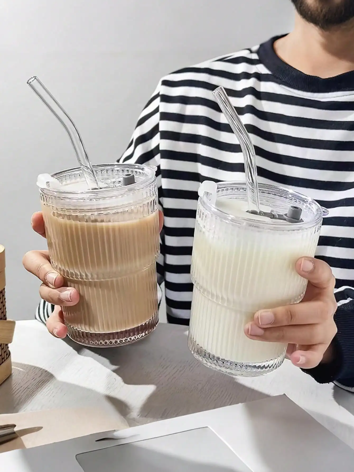 6pcs 350ml Glass Cups (12oz) - With Lids/Straws, Durable Reusable, For Drinks, Home/Office, Holiday Gift