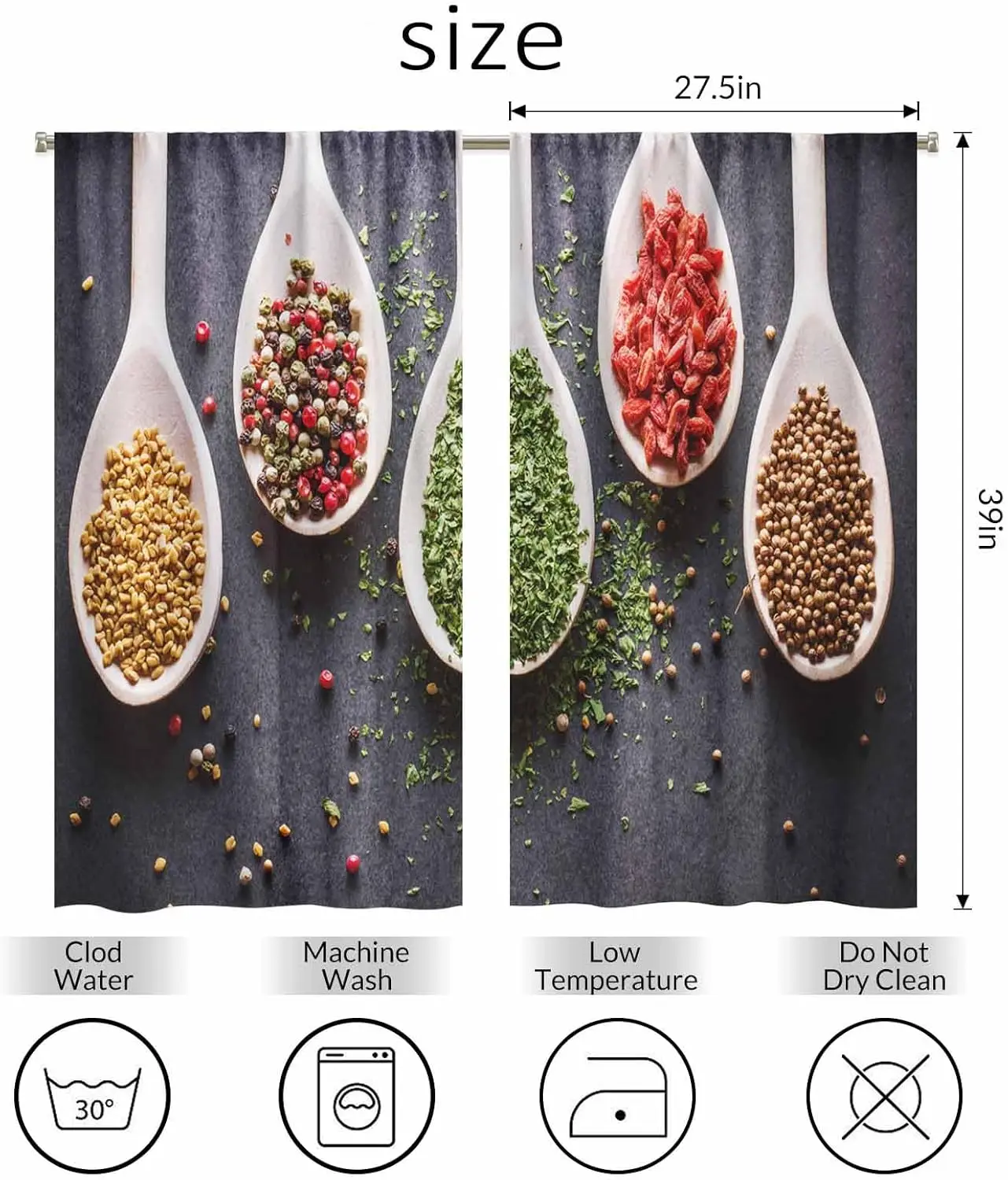 Spices Kitchen Curtains Wooden Spoons Seasoning Pepper Parsley Coriander Wolfberry Short Tier Curtains for Bathroom Cafe Small