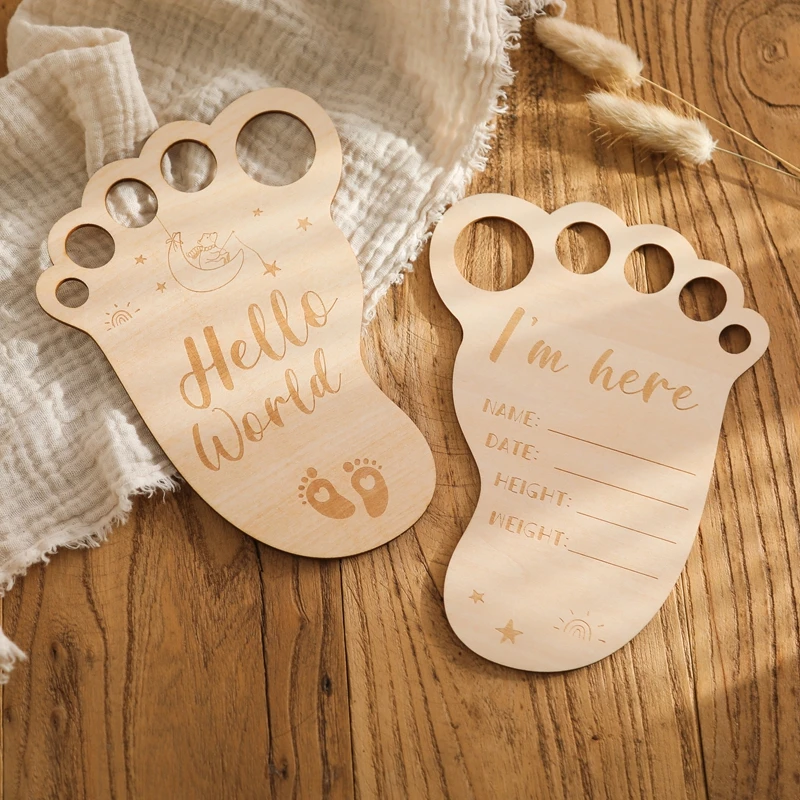 

2Pcs Baby Photography Accessories Wooden Footprint Milestone Cards For Newborn Photography Shooting Props Newborn Birth Gifts