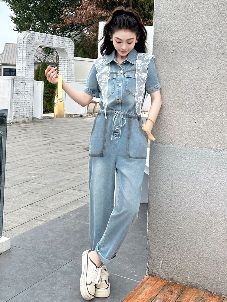 Mono de Mezclilla de Verano para Mujer, Informal, de Cintura Alta, Pierna Recta, Mezcla de Algodón, Estilo Coreano