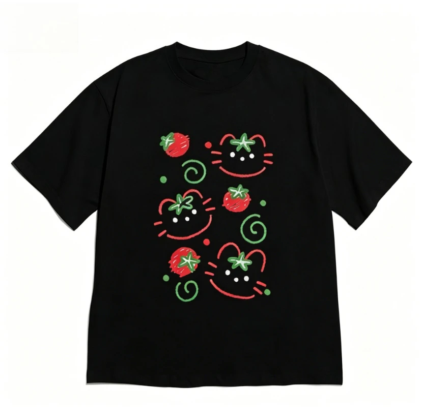Aesthetic Cute Cat Tomato Printed Women's T-shirt Summer Short Sleeve for Women Minimalist Kitten Crew Neck Tee Women's Clothing