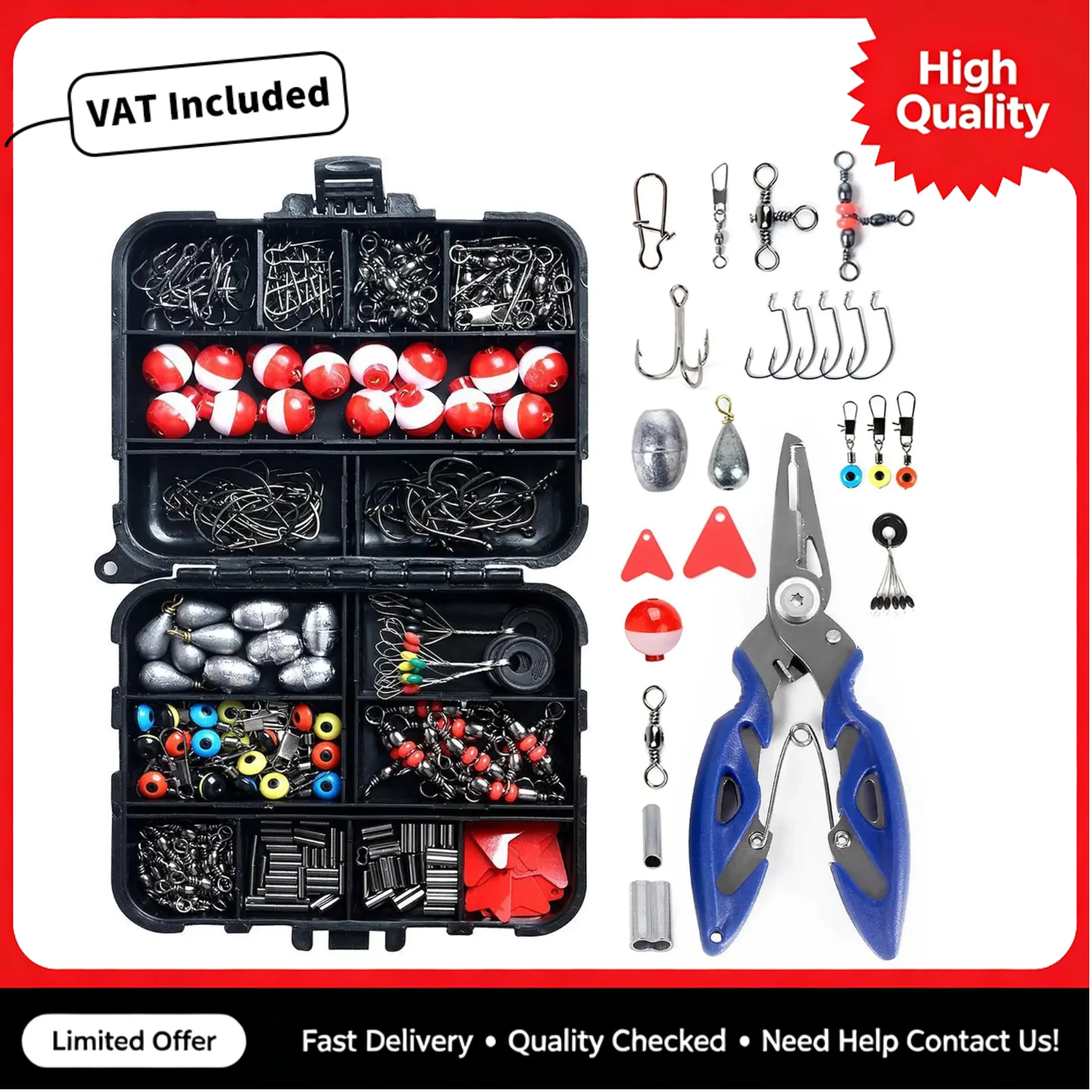 Kit de 263 accessoires de pêche en plein air avec boîte à pêche, comprenant pinces, hameçons, plombs, émerillons, agrafes et glissières de plomb