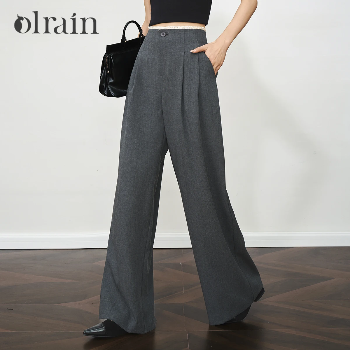 OLrain Women Grey Straight Leg Pants Summer High Waist Contrast Spliced Trousers Fungus Edge Casual Lady Pants O57XK99258
