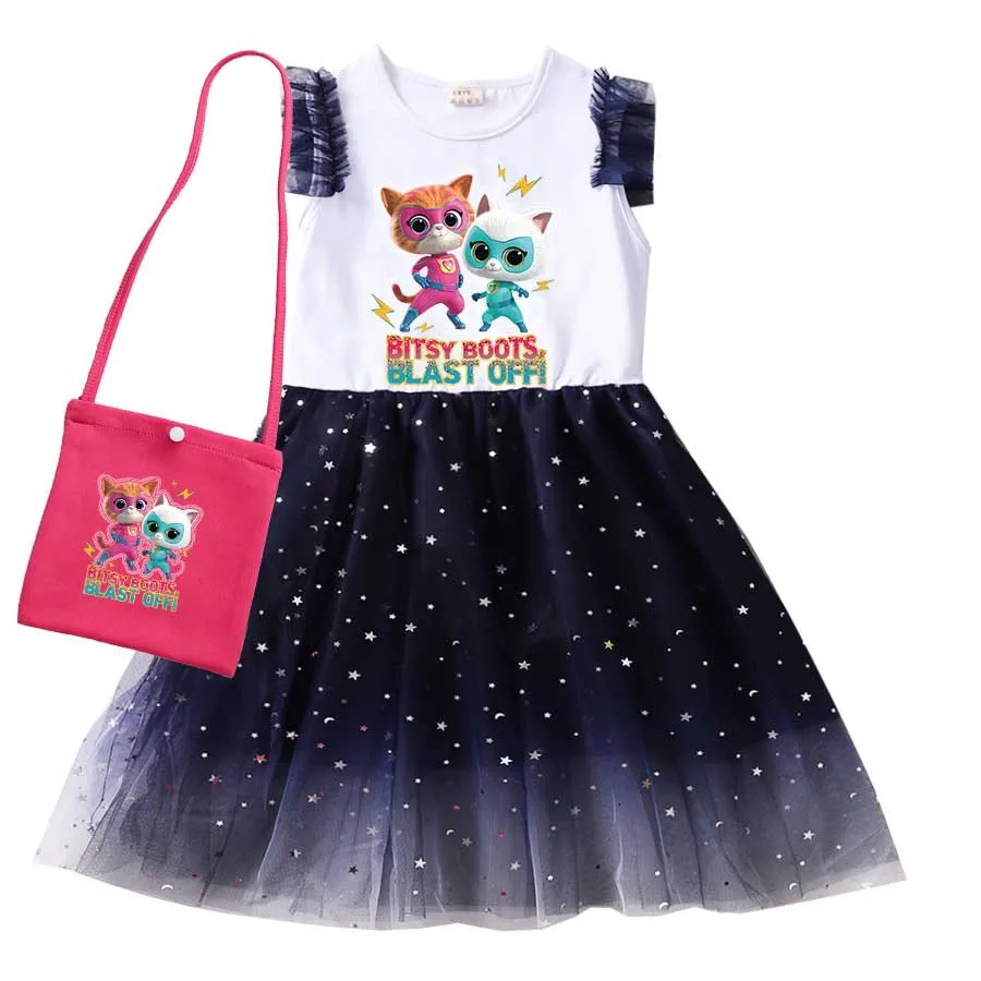 Anime SuperKitties Dress for Baby Girls Short Sleeve Casual Dresses Kids Super Kitties Clothes Children Lace Mesh Party Vestidos