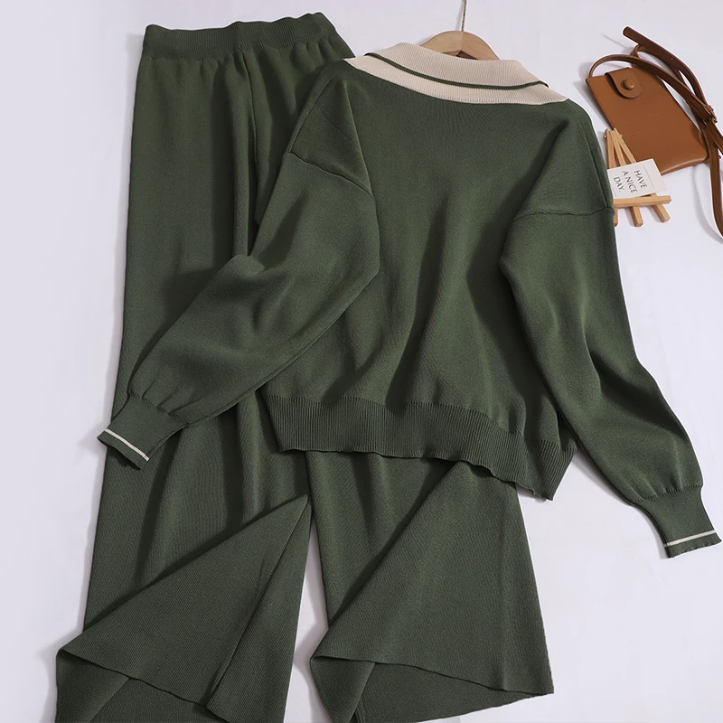 Autumn Design V-neck Sweater Women Pullovers Loose Fake Long-sleeve Bottoming Shirt High Waist Trousers Women Two-piece Sets