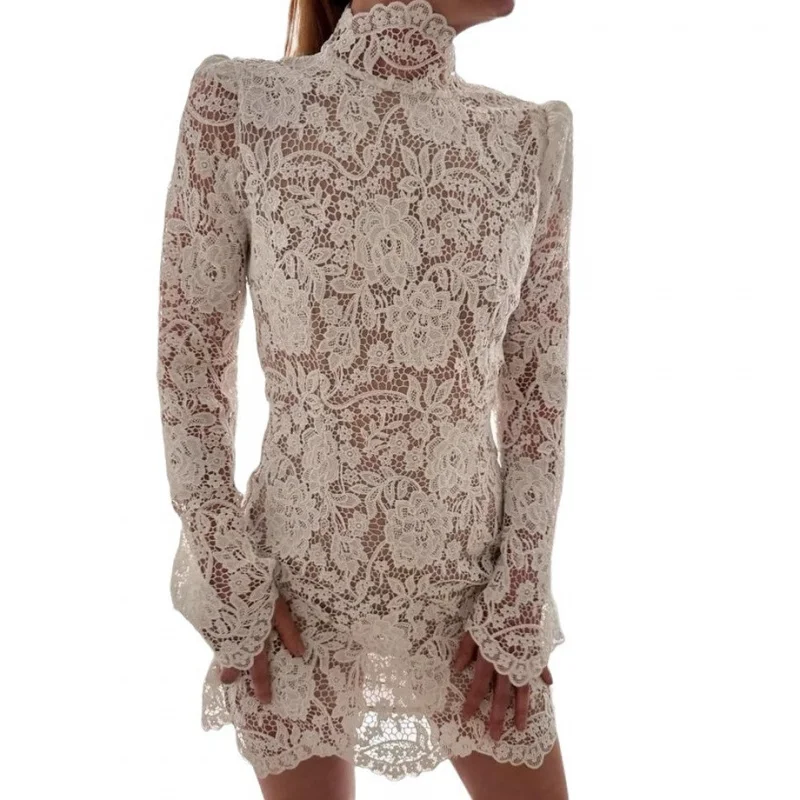 Damenmode-Spitze, kurz, Stehkragen, hohl, langärmelig, europäisches und amerikanisches Kleid, heiße Mädchen